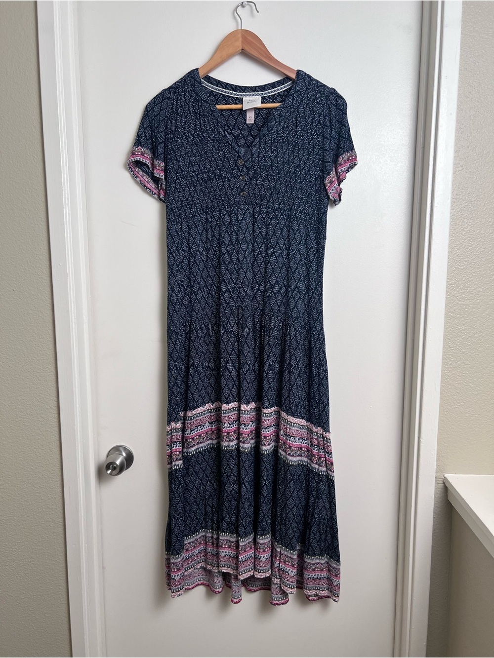 Knox Rose XS Navy Boho Border Print Tiered Maxi Dress 100% Rayon